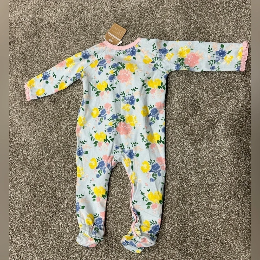 Mud Pie Baby Girls Blue Floral Kimono Style Footed Sleeper Size 3-6 Months NWT